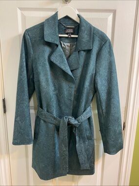 Dennis Basso Faux Suede Forest Green Paisley Embossed Trench Coat Women’s Medium